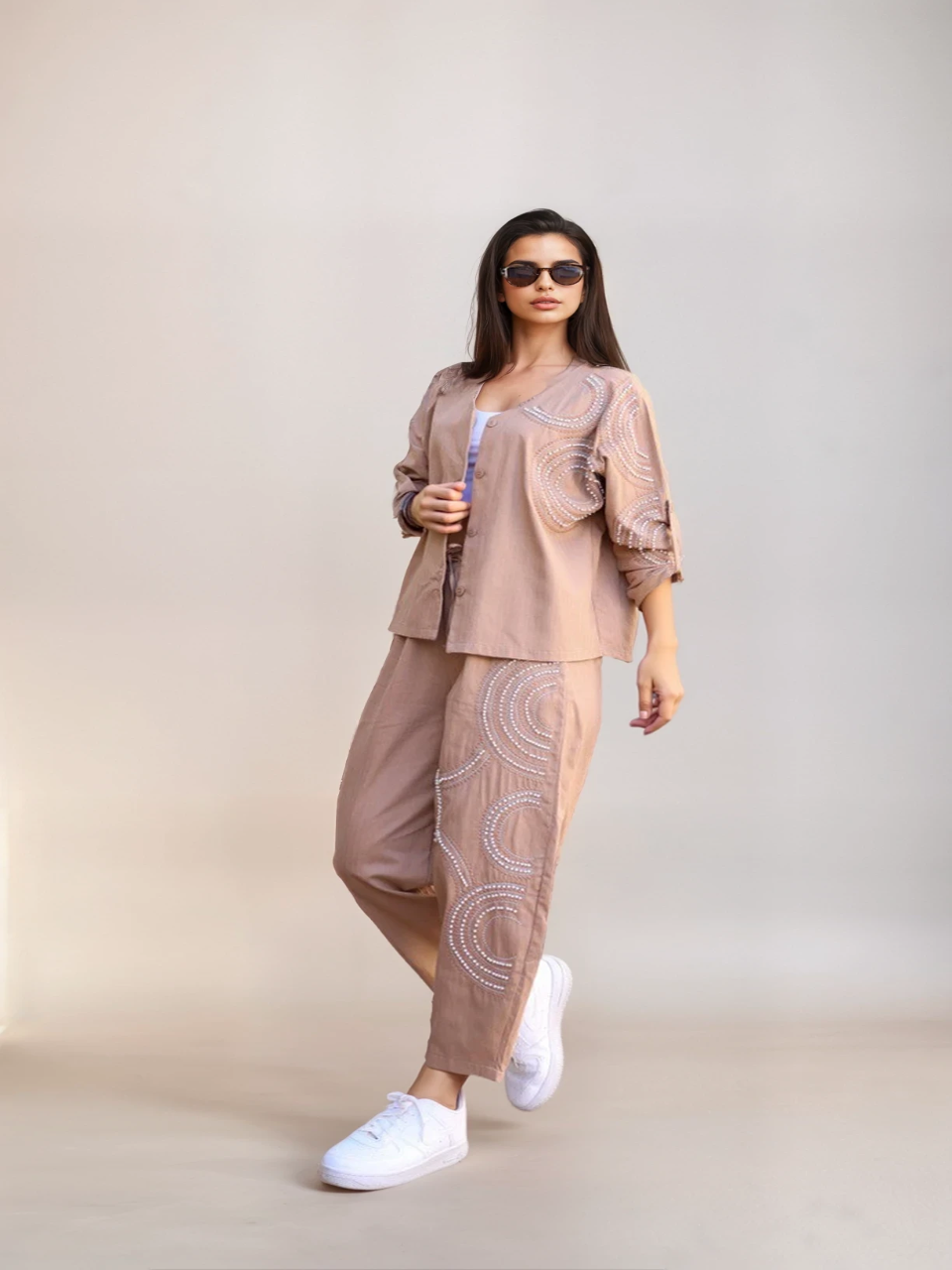 Structured Beaded Co Ord Set Deep Beige