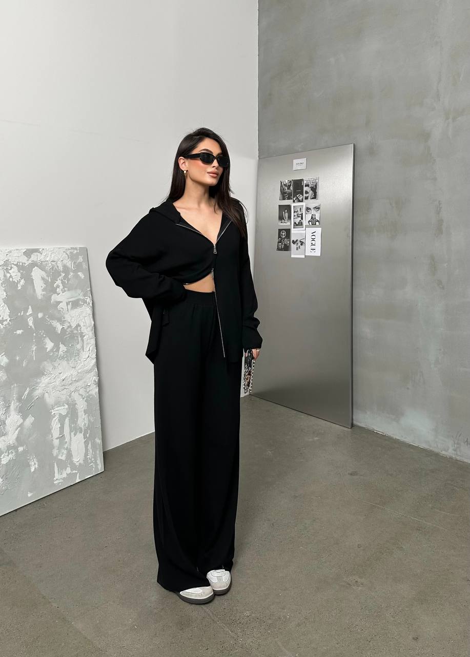 Premium Soft Wool Double Zip Co-Ord Set – Black