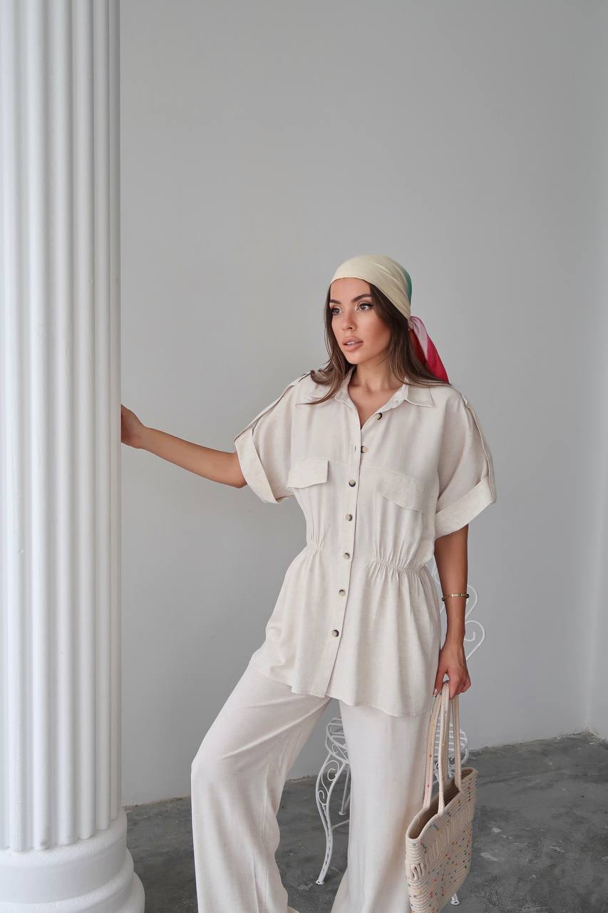 Cotton Co‑Ord Button‑Down Top with Elastic‑Defined Waist Cream