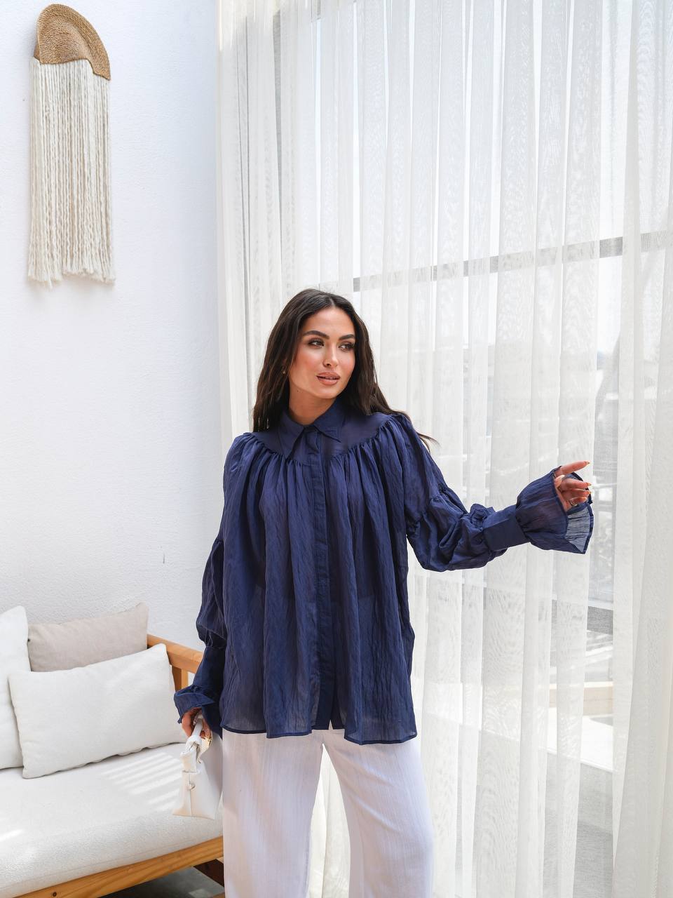 Sheer Modal Shirt with Collar Blue