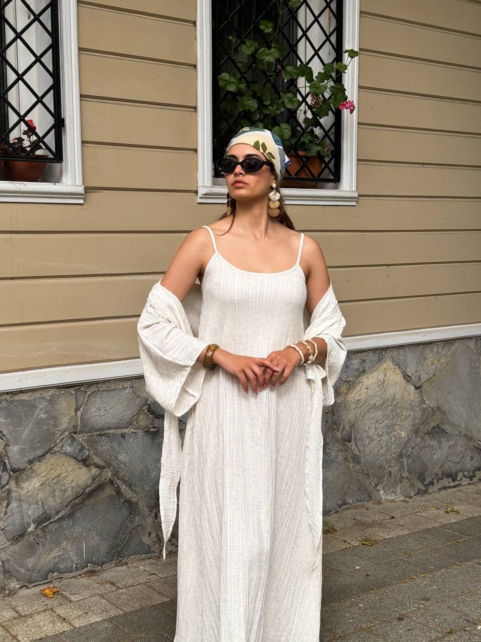 Cream Strap Dress with Detachable Bolero
