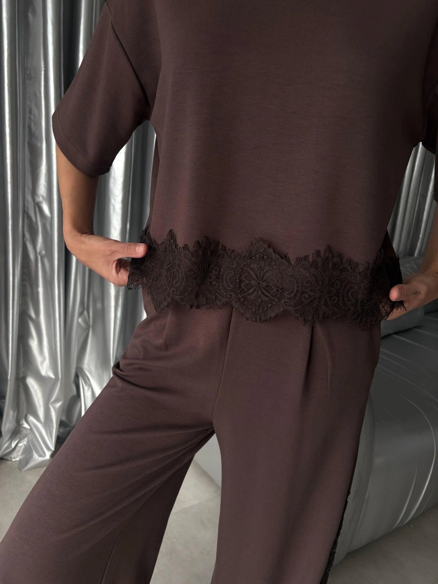 Lace Trim Modal Lounge Set Brown