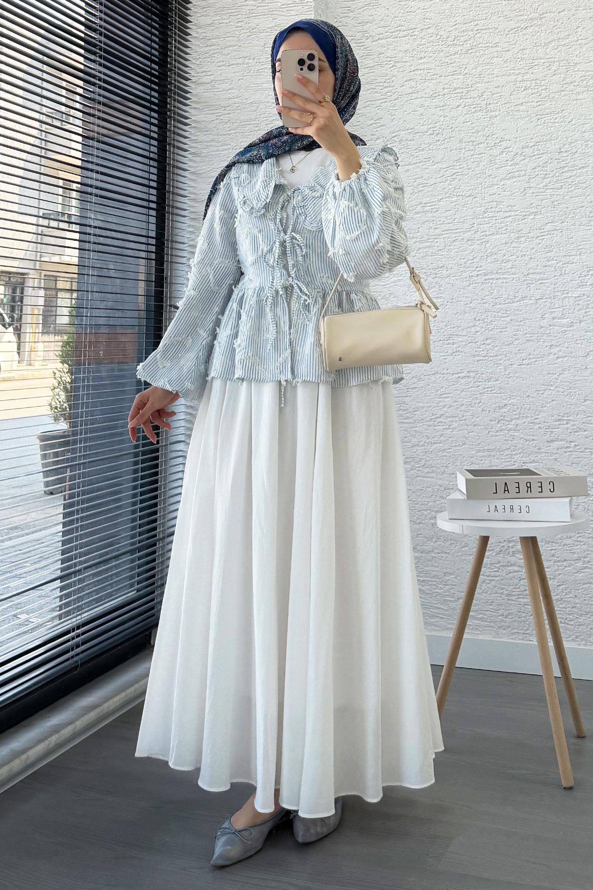 Tassel-Striped Kimono Tie-Up Shirt Blue