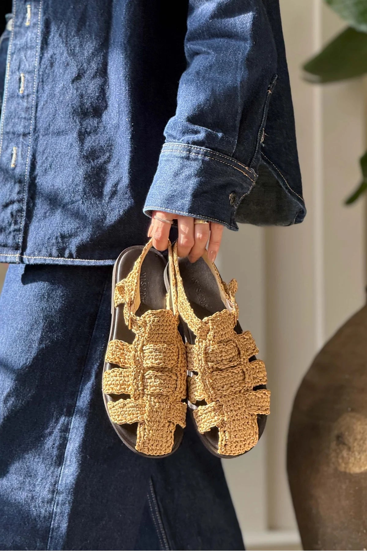 RAMONA Beige Woven Flat Sandals with Back Strap Detail