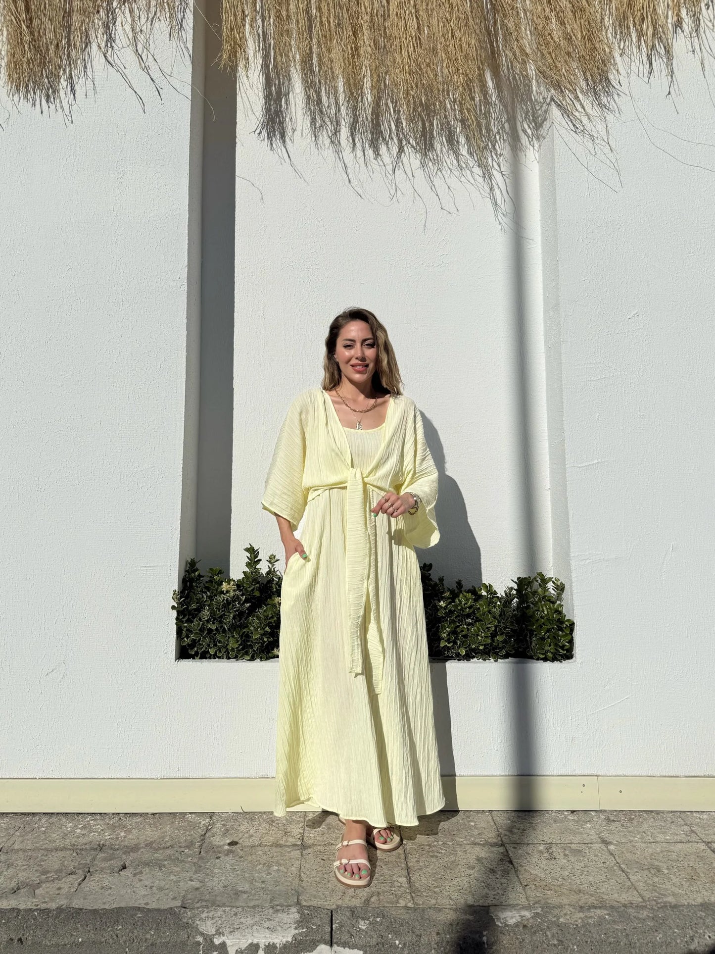 Butter Yellow Strap Dress with Detachable Bolero