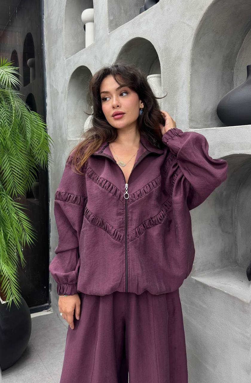 Tencel Ruffle Seam Co-Ord Set Burgundy