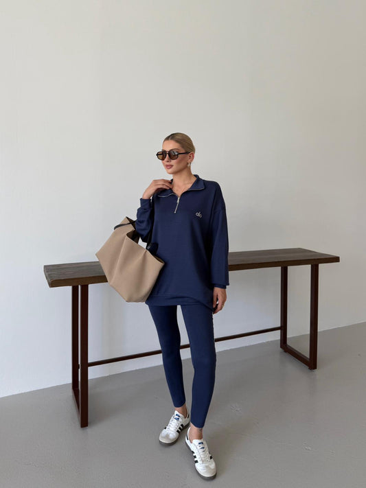 Long Sleeve Zip Top + Matching Modal Tights Navy