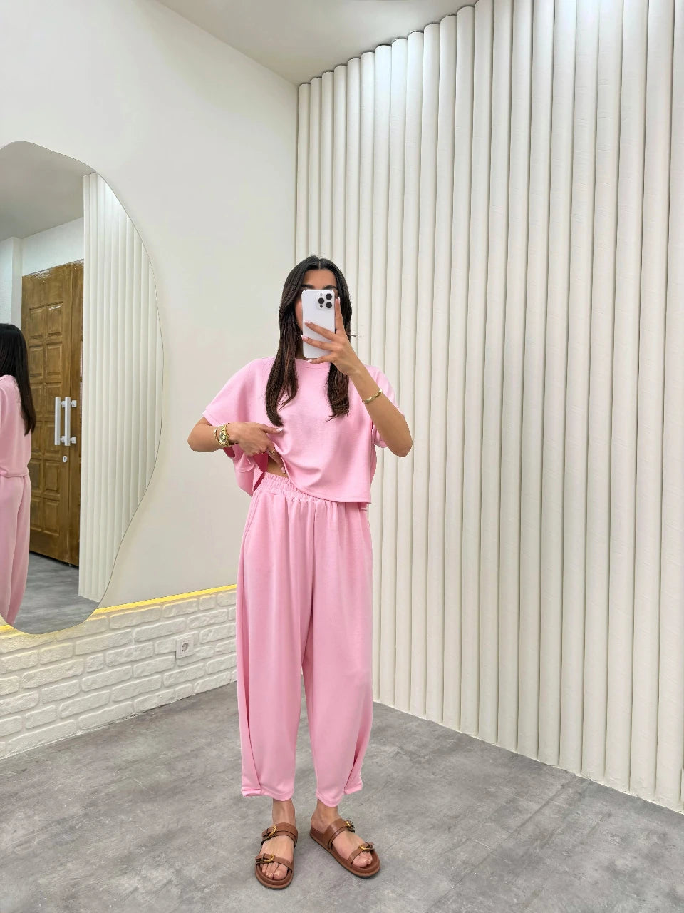 Modal Fabric Hem Detailed Loungewear Comfort Set Candy Pink