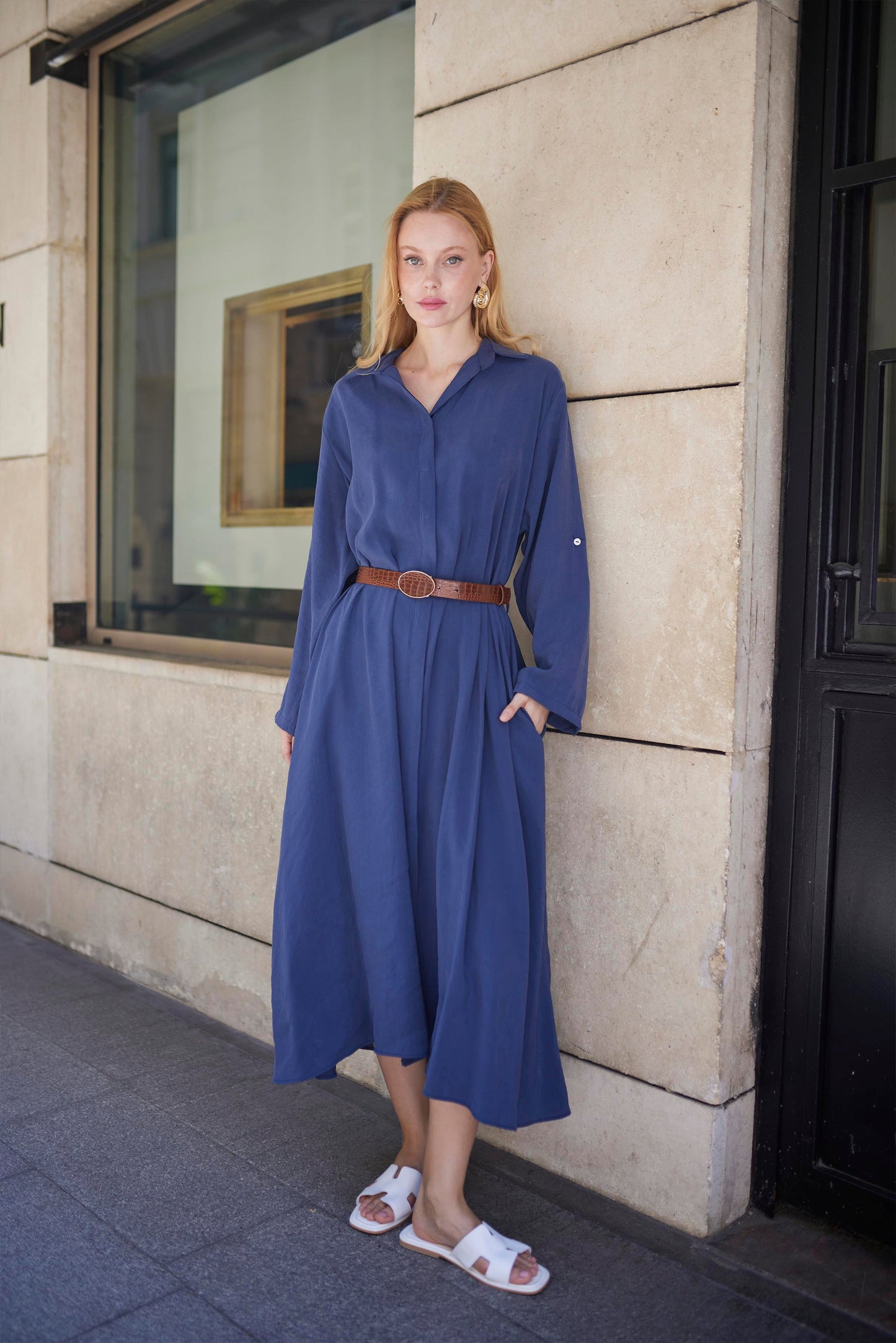 The Tencel Belted Shirt Dress Navy - Standard Size