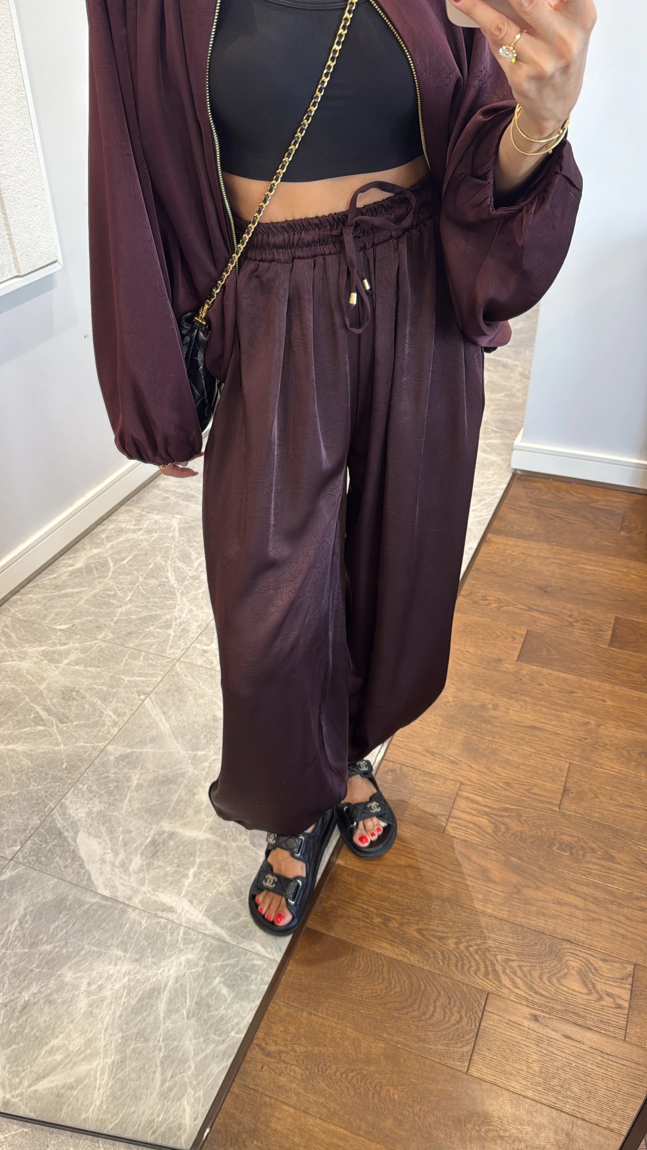 Satin Bomber Jacket and Pants Set Burgundy