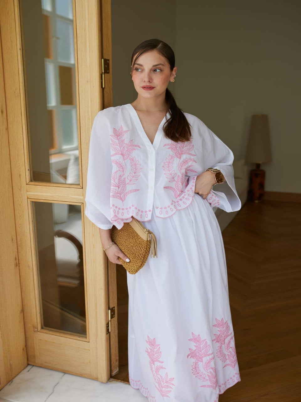 White-Pink V-Neck Batwing Sleeve Embroidered Shirt & Skirt Set - Standard Size