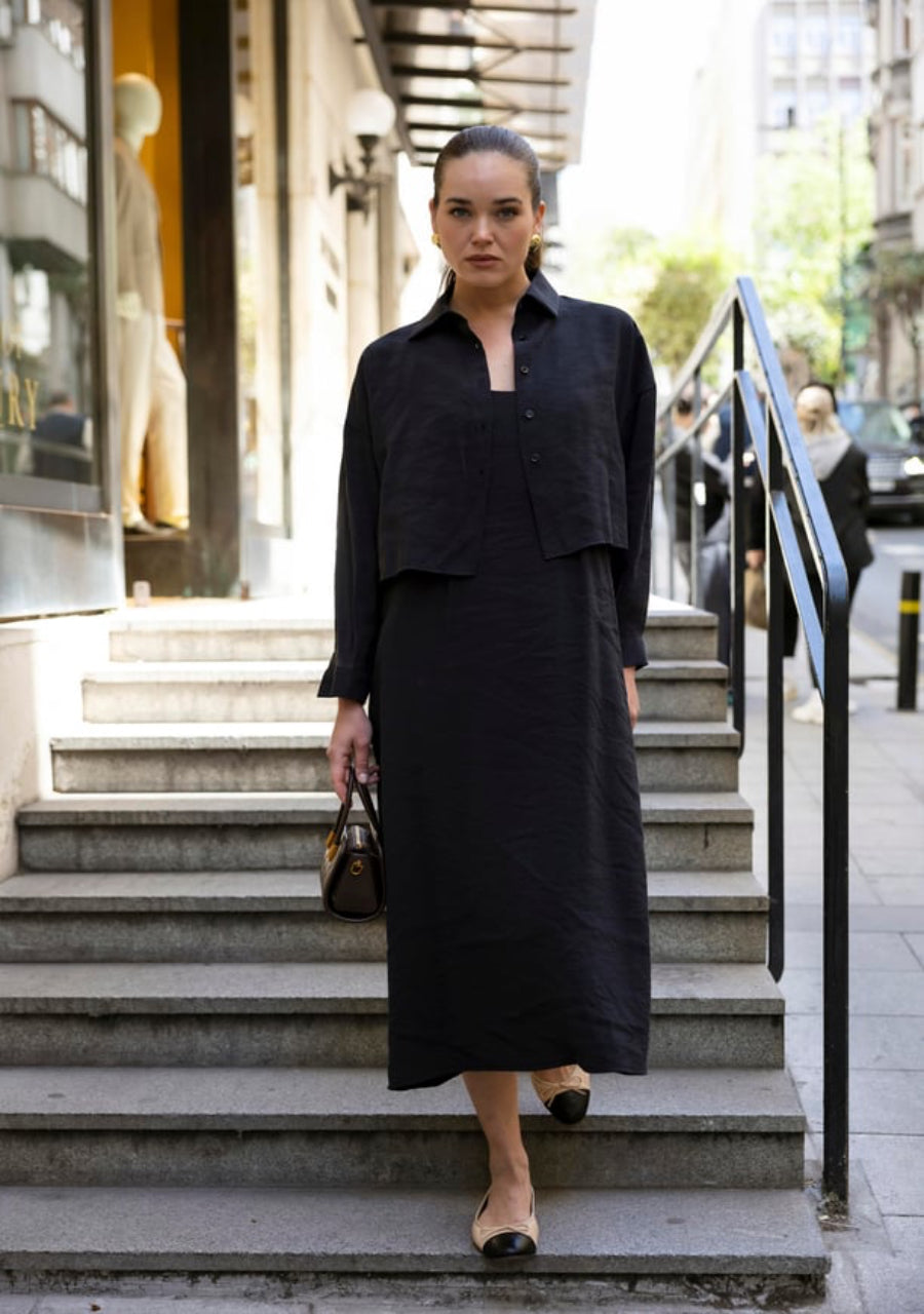 Effortless Elegance Maxi Dress & Oversized Shirt Jacket Set Black