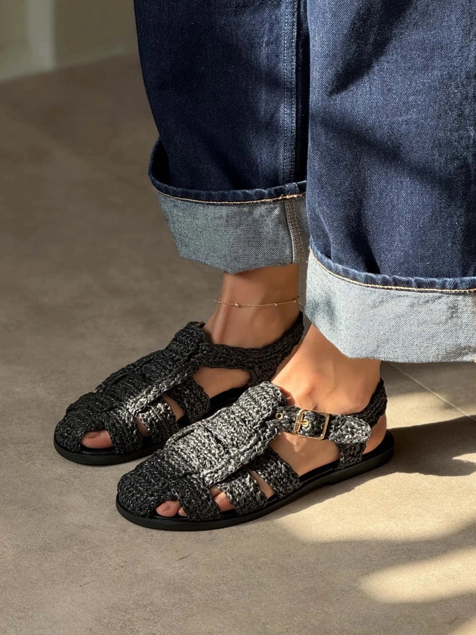 RAMONA Black Woven Flat Sandals with Back Strap Detail