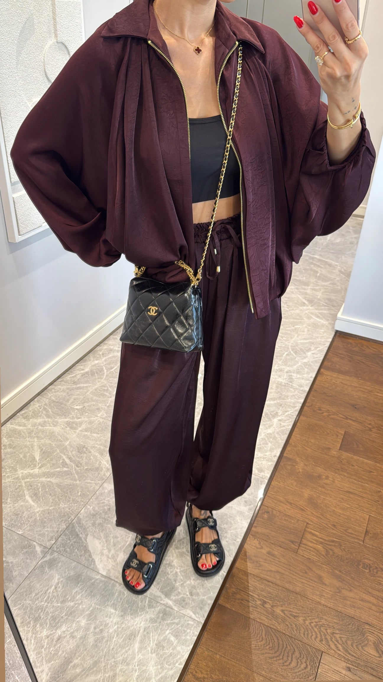 Satin Bomber Jacket and Pants Set Burgundy