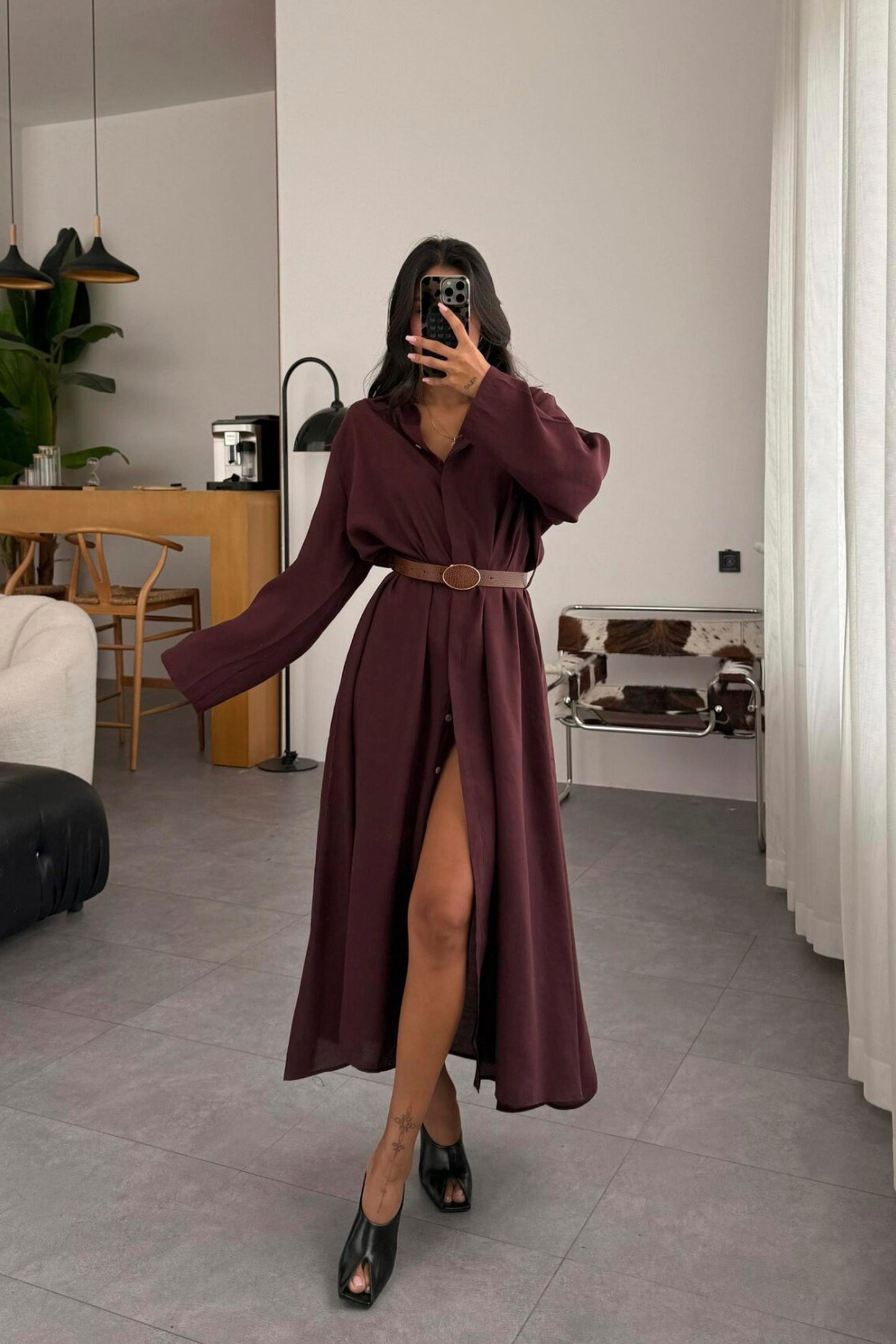 The Tencel Belted Shirt Dress Burgundy - Standard Size