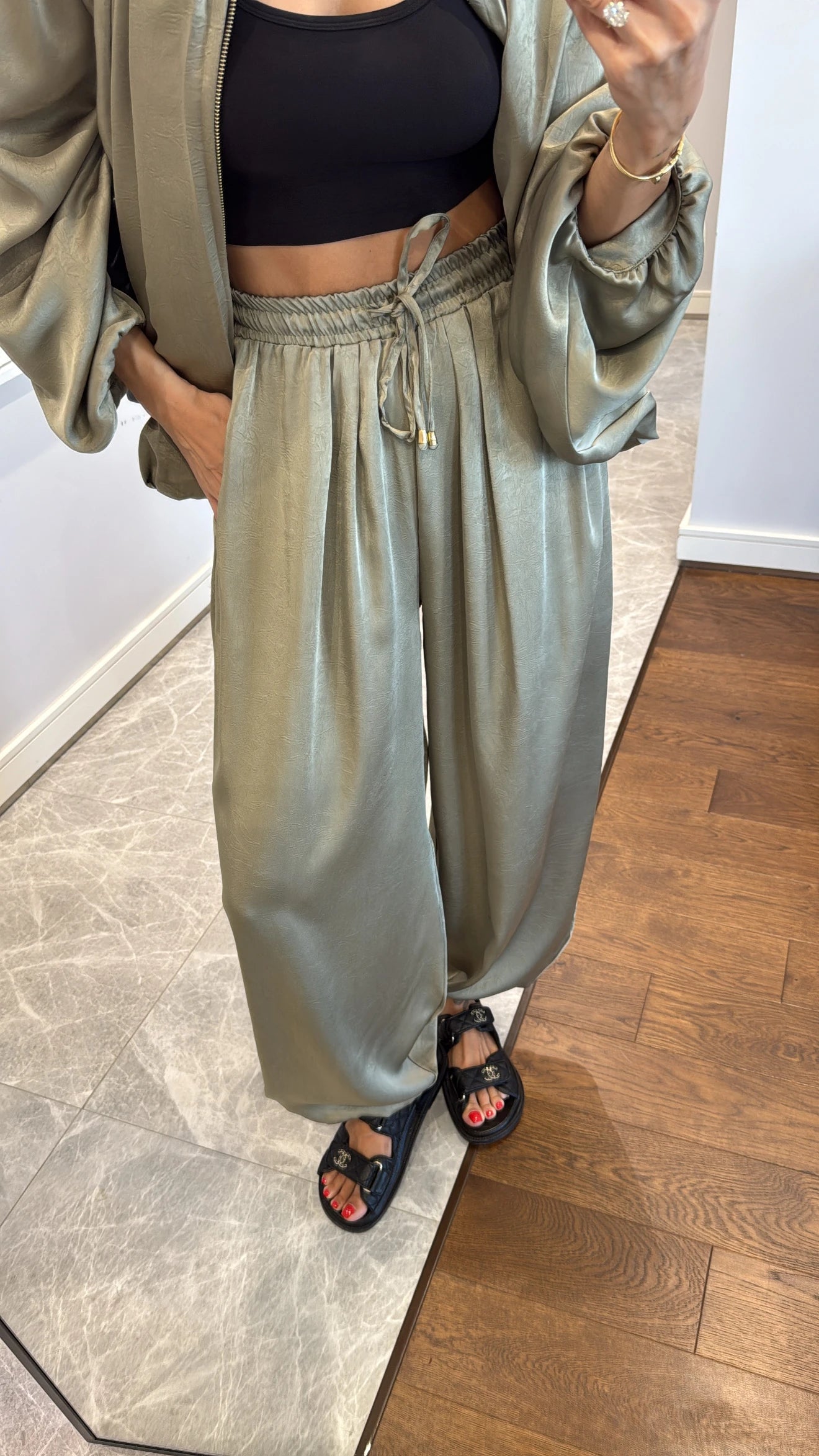 Satin Bomber Jacket and Pants Set Green