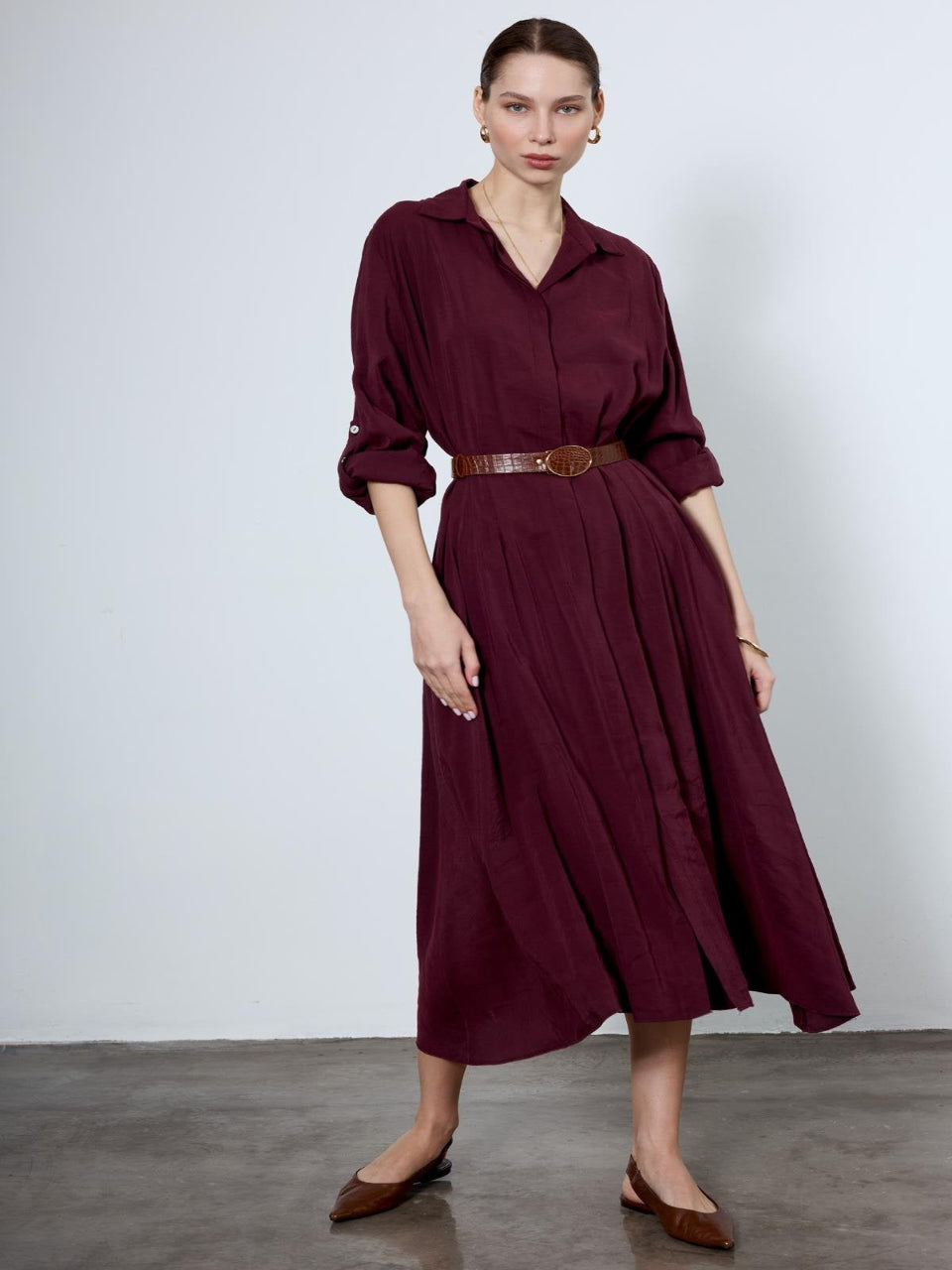 The Tencel Belted Shirt Dress Burgundy - Standard Size