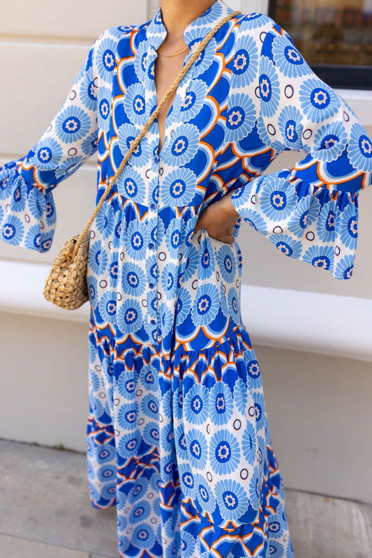 Flare Sleeve Viscose Pattern Dress