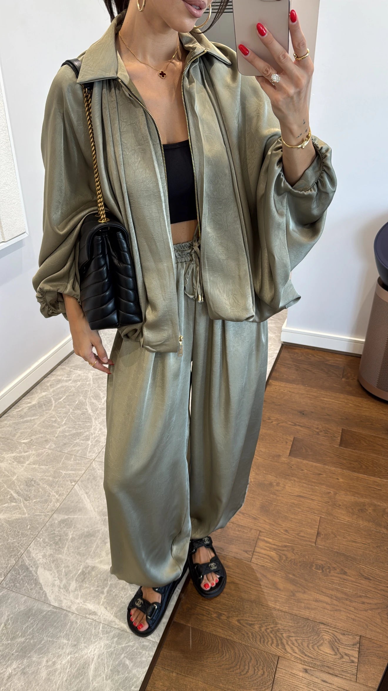 Satin Bomber Jacket and Pants Set Green