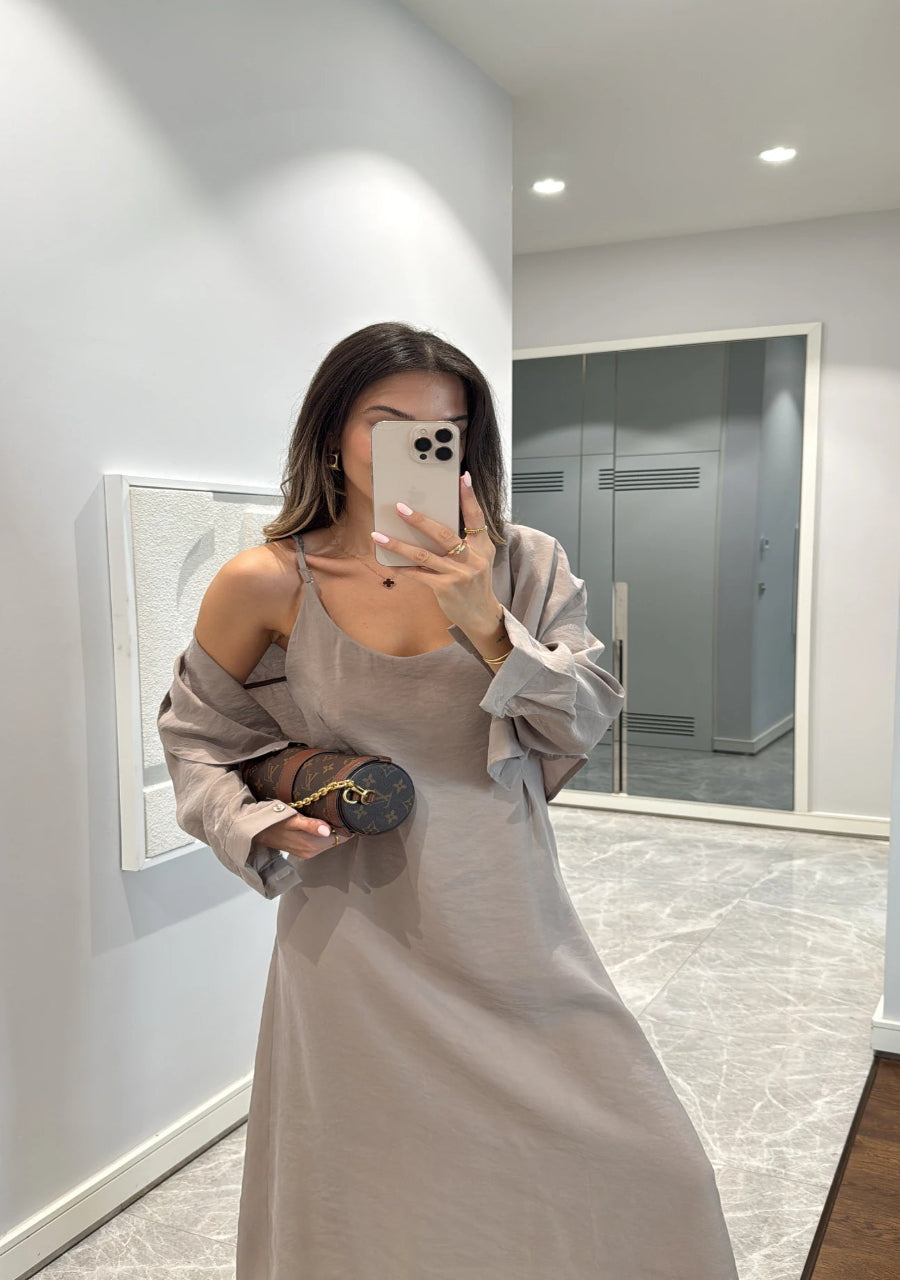 Effortless Elegance Maxi Dress & Oversized Shirt Jacket Set Beige