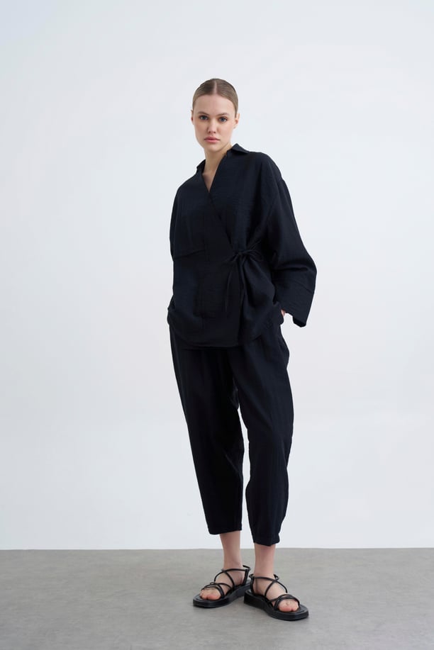 Salvar Style Pants & Kimono Side Tie Set Black