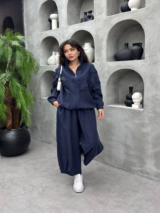 Tencel Ruffle Seam Co-Ord Set Navy