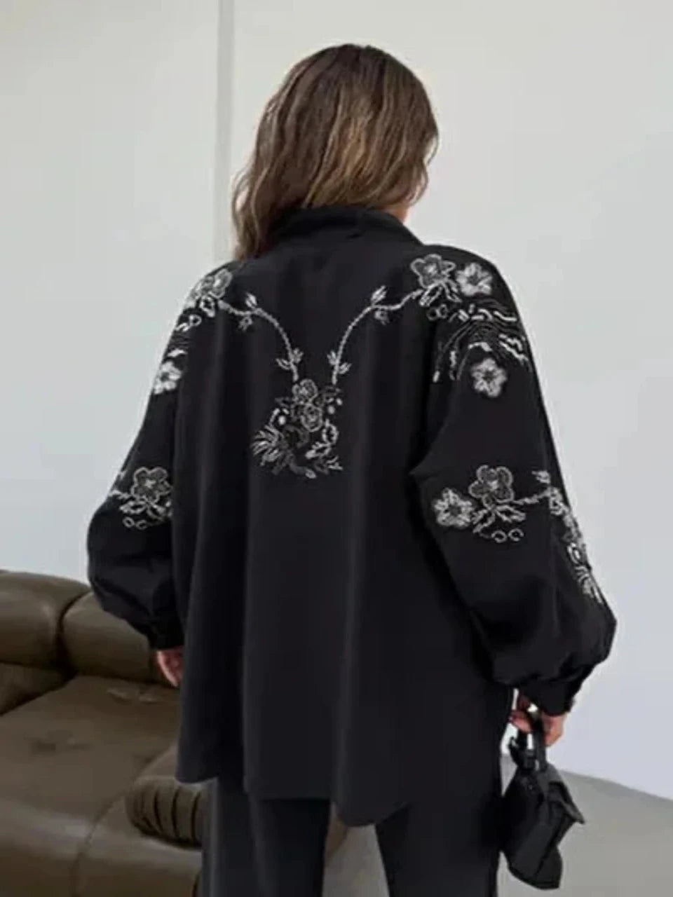 Black Blossom Beaded Tencel Kimono Set