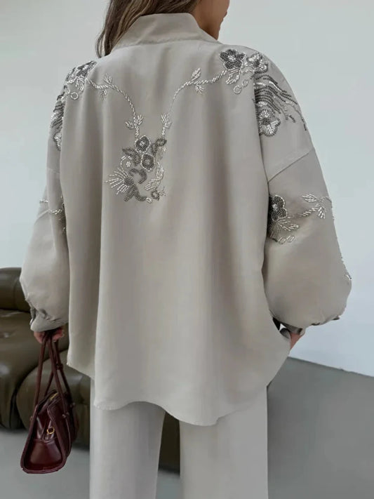 Beige Blossom Beaded Tencel Kimono Set