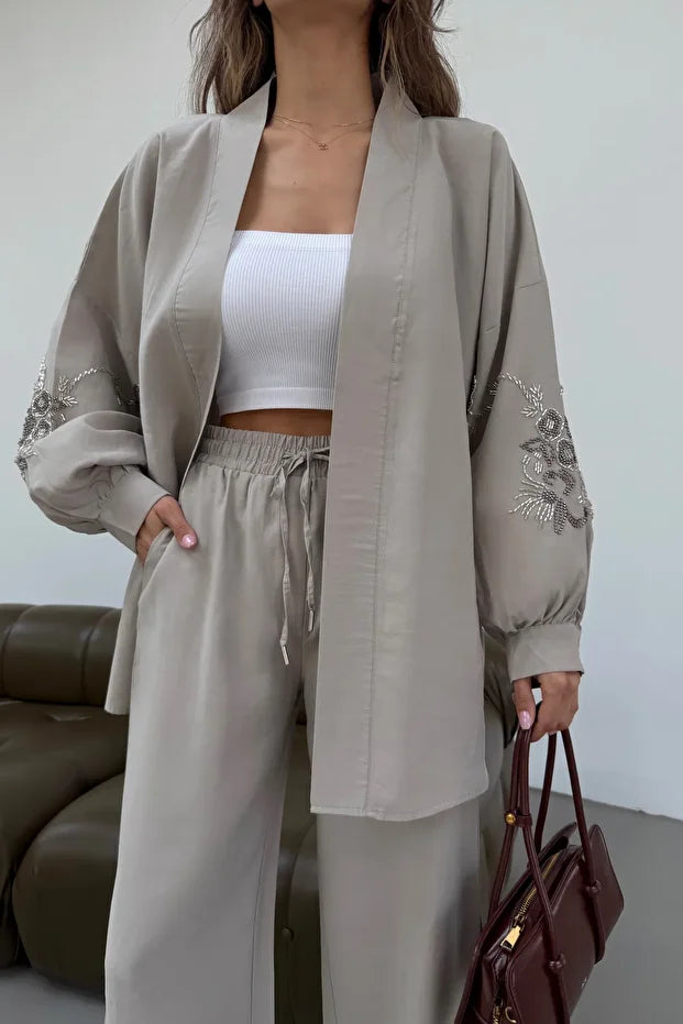 Beige Blossom Beaded Tencel Kimono Set