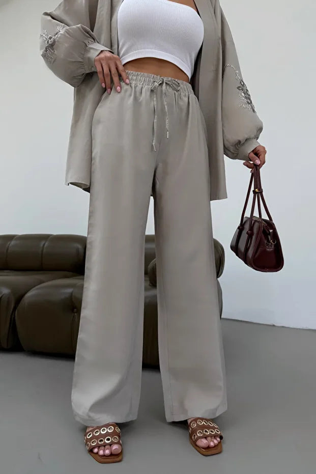 Beige Blossom Beaded Tencel Kimono Set