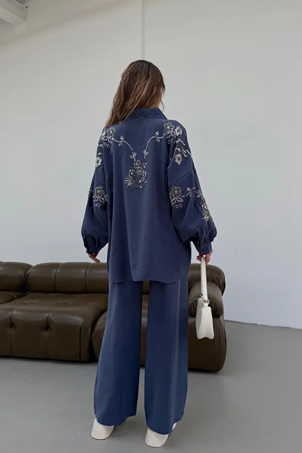 Blue Blossom Beaded Tencel Kimono Set