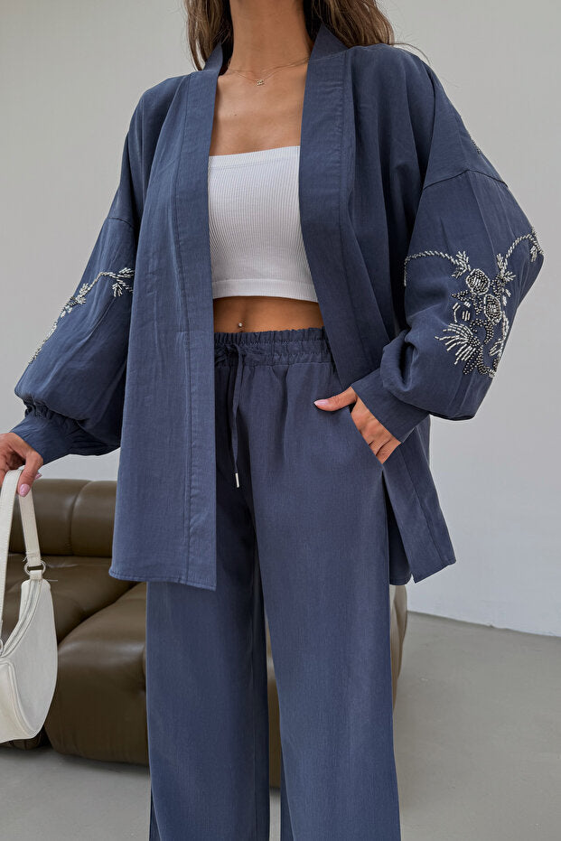 Blue Blossom Beaded Tencel Kimono Set