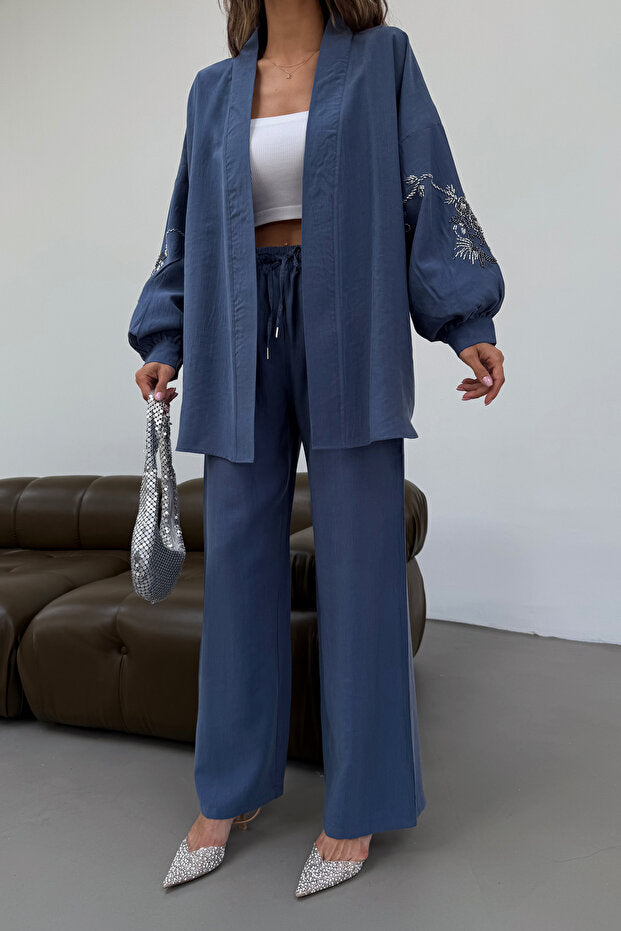 Blue Blossom Beaded Tencel Kimono Set