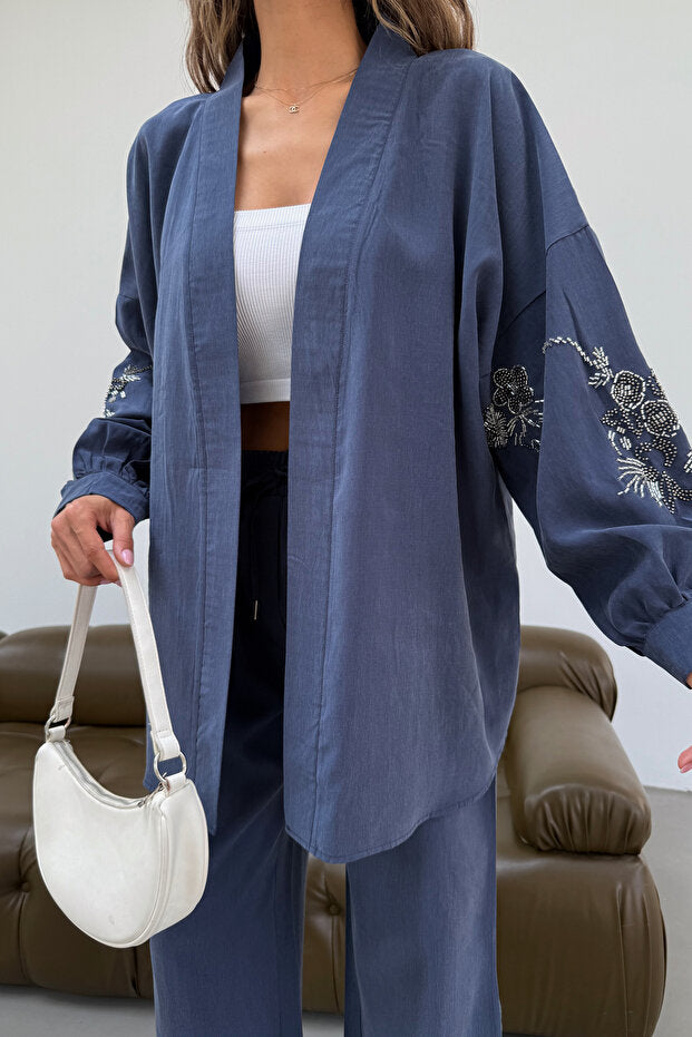 Blue Blossom Beaded Tencel Kimono Set