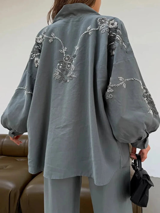 Teal Blossom Beaded Tencel Kimono Set