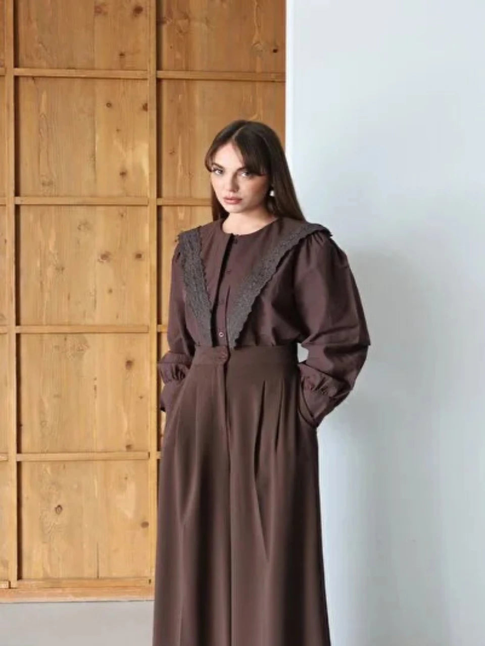 Lace Trim Classic Modest Blouse Brown