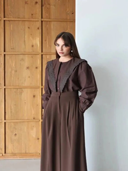 Lace Trim Classic Modest Blouse Brown
