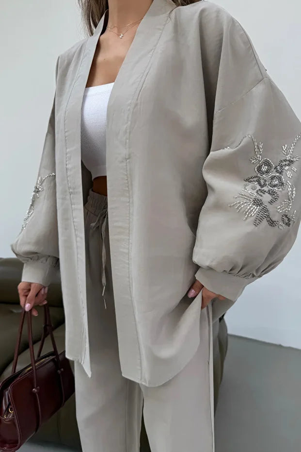 Beige Blossom Beaded Tencel Kimono Set