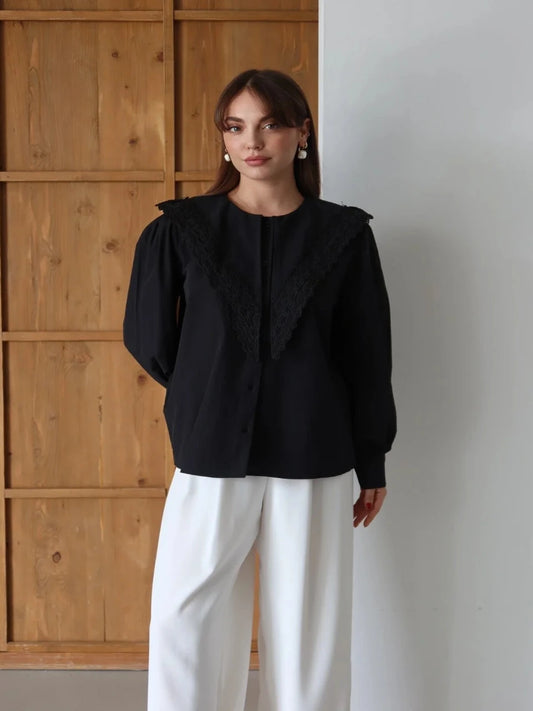Lace Trim Classic Modest Blouse Black