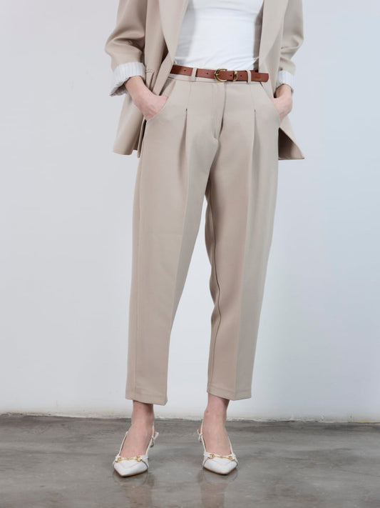 High-Waisted Belted Carrot Pants Stone