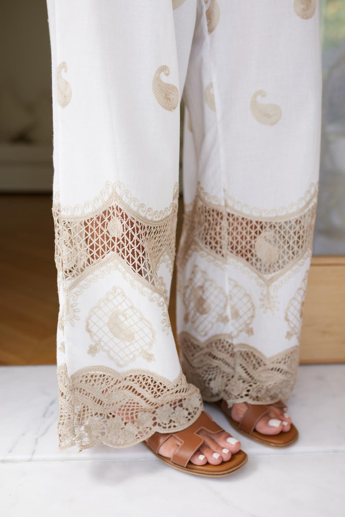 Ecru Lace & Embroidery Detail Shirt & Pants Set