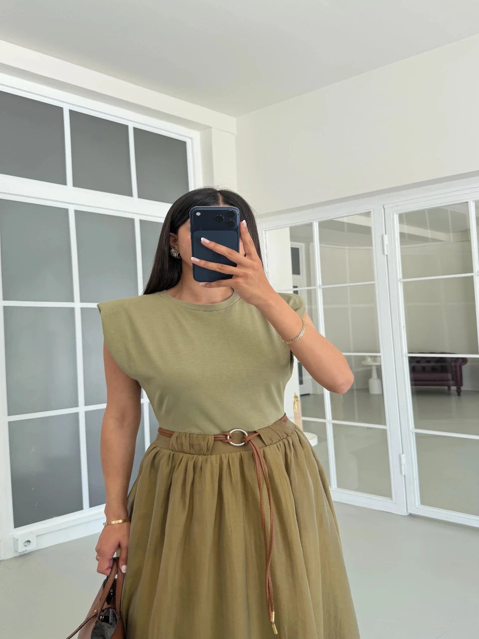 Luna Belted Midi Dress Khaki