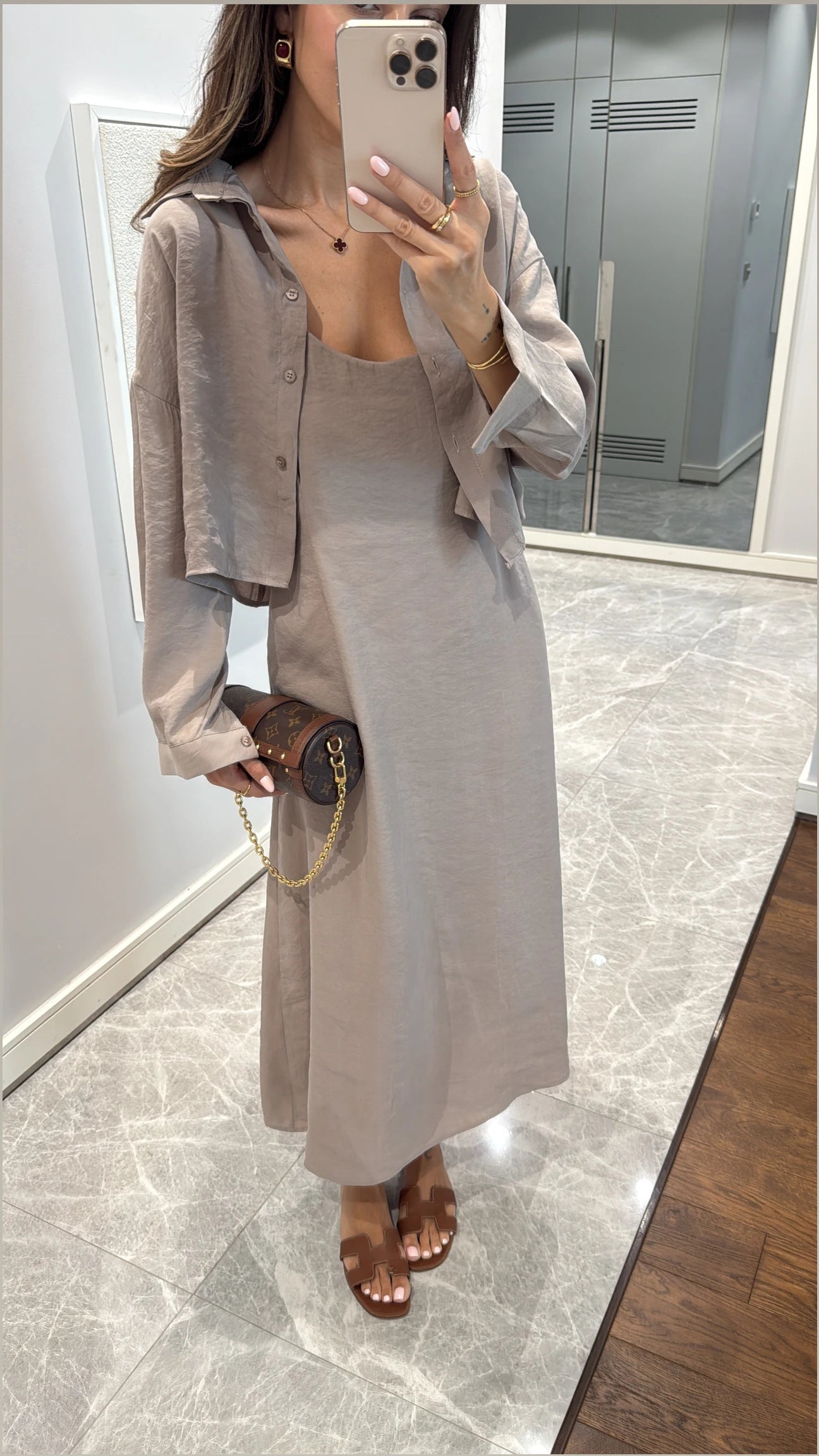 Effortless Elegance Maxi Dress & Oversized Shirt Jacket Set Beige