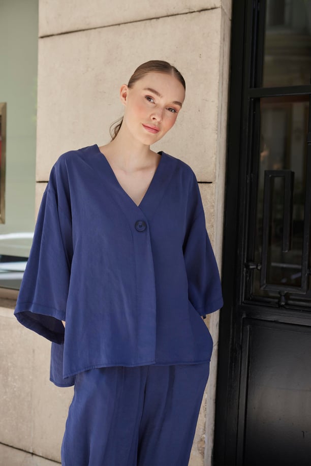 Navy Luxe Tencel Co-Ord — Single-Button Top & Tapered Pants