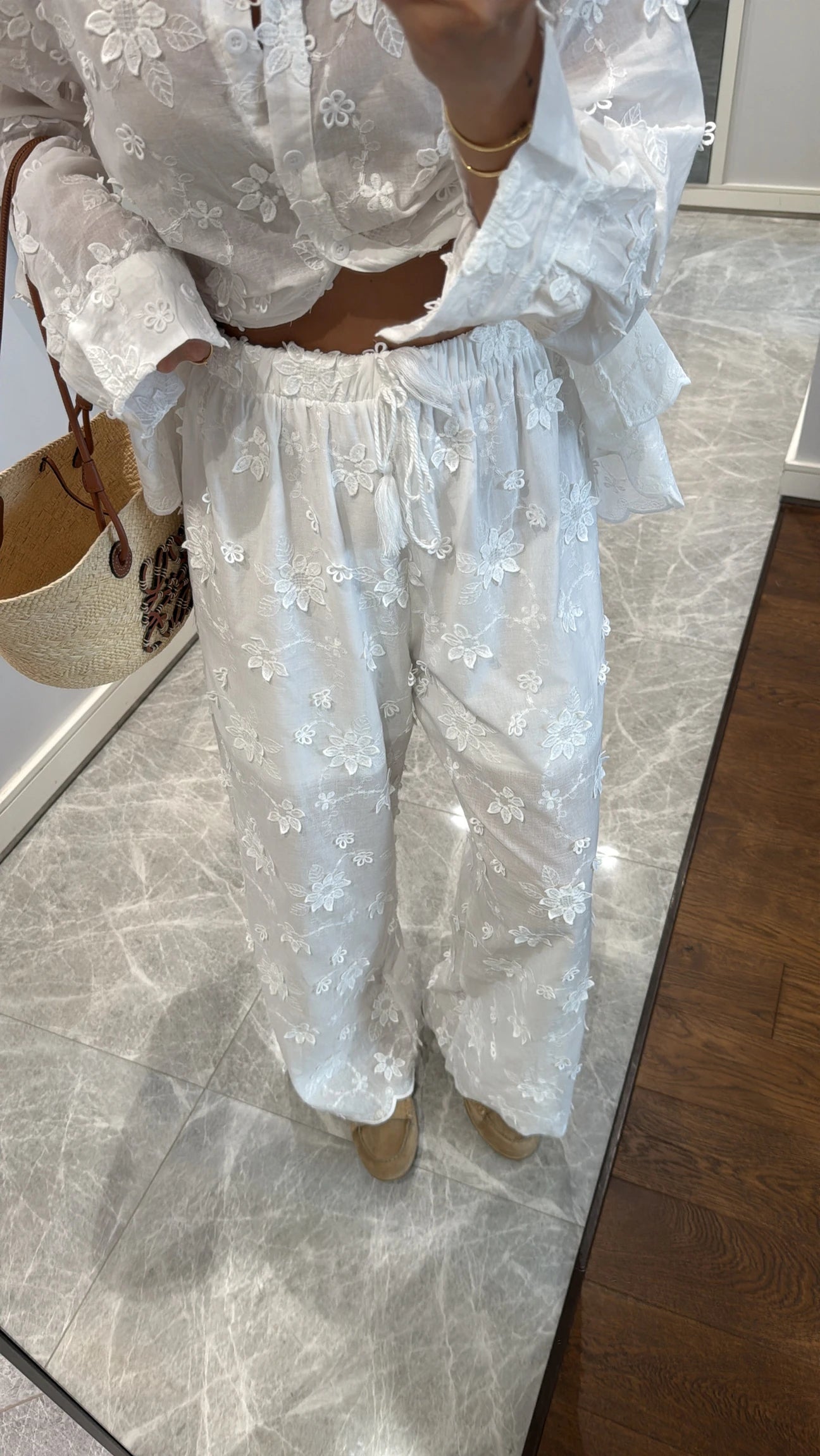 White Floral Appliqué Shirt & Pants Set