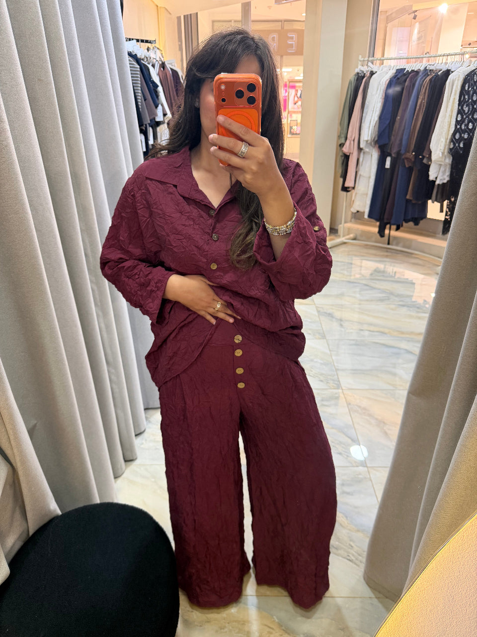 Crinkle Wide-Leg Set Burgundy