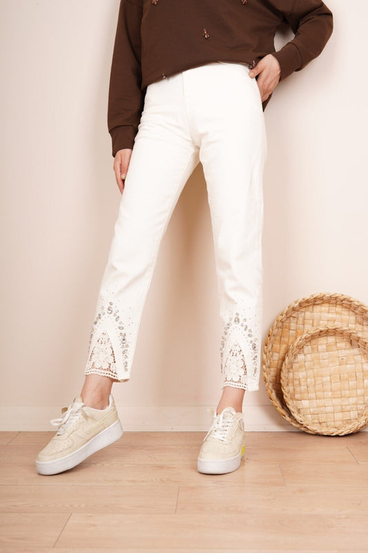Cream Stone Lace Detailed  Jeans