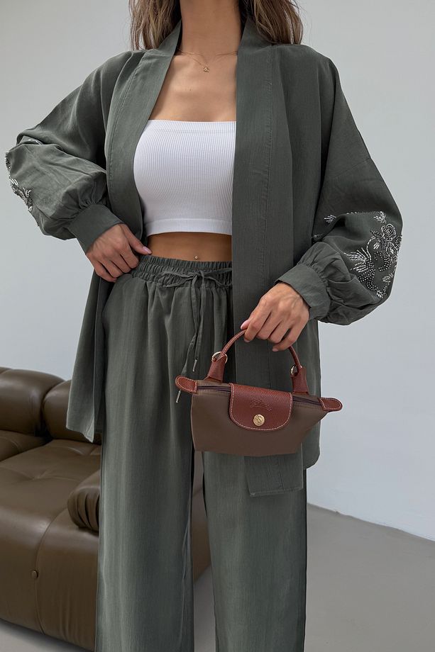 Green Blossom Beaded Tencel Kimono Set