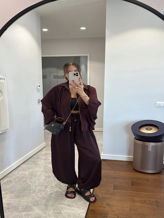 Satin Bomber Jacket and Pants Set Burgundy