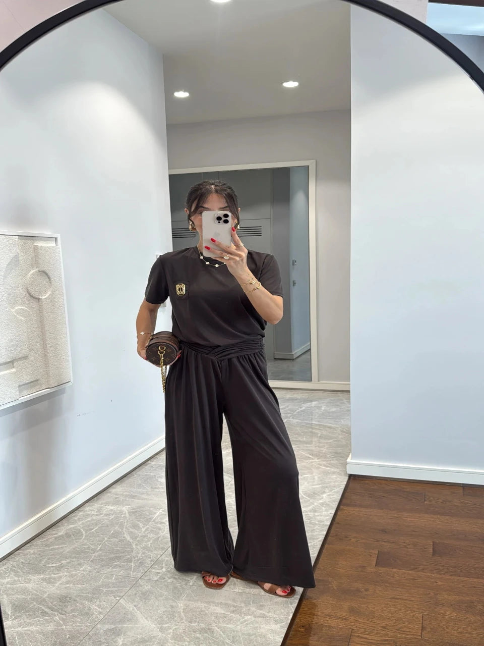 Gold Detailed T-Shirt & Pants Set Rich Brown